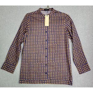Saaksha & Kinni Indigo Gold Polka Dot Mandarin Collar Button Down Shirt Blouse S